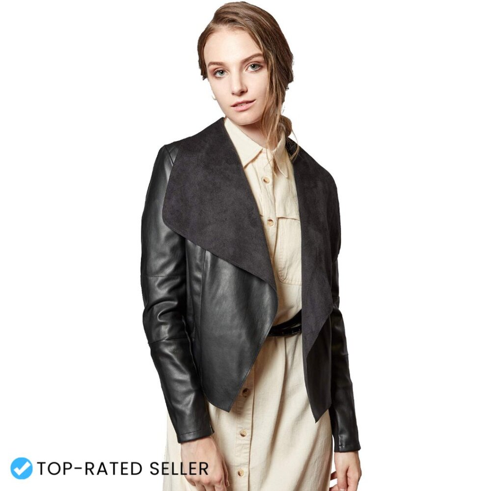Faux Leather Blazer Jacket Slim Fit Open Front Lapel Chic Modern Style